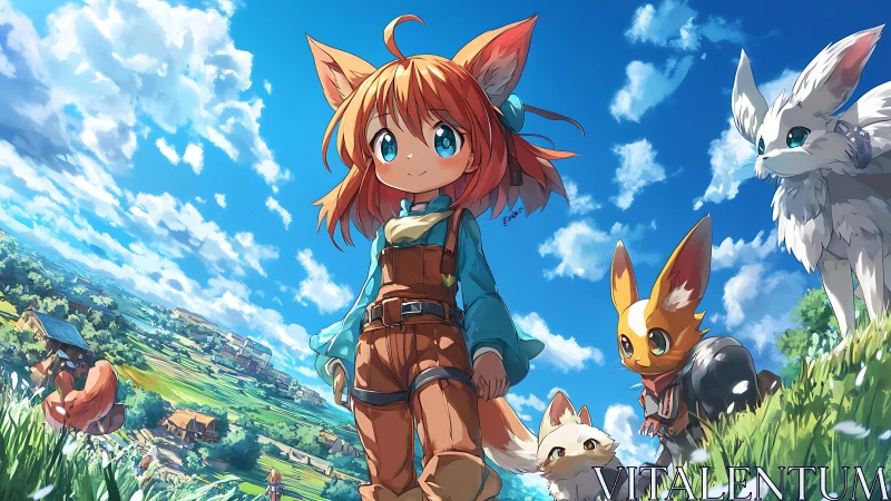Cat-eared adventurer leads animal companions across fields