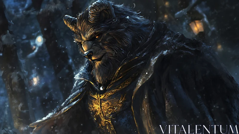 Horned beastly noble in snow-lit forest wearing gold cloak.