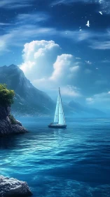 Sailboat stitches bright thread of light through azure silence