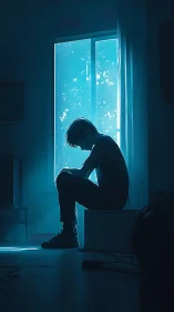 Midnight thoughts curl softly beneath an electric blue window