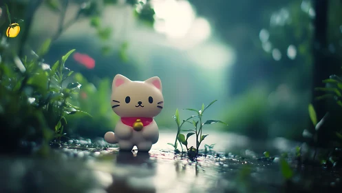 Lucky Maneki-neko Figurine in Enchanted Garden Setting.