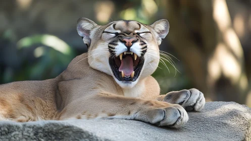 Mountain lion displays aggressive threat posture with open jaws.