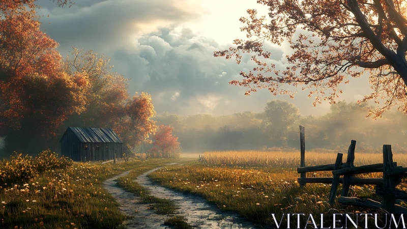 Rural dirt road with small shed and autumn foliage at dawn.