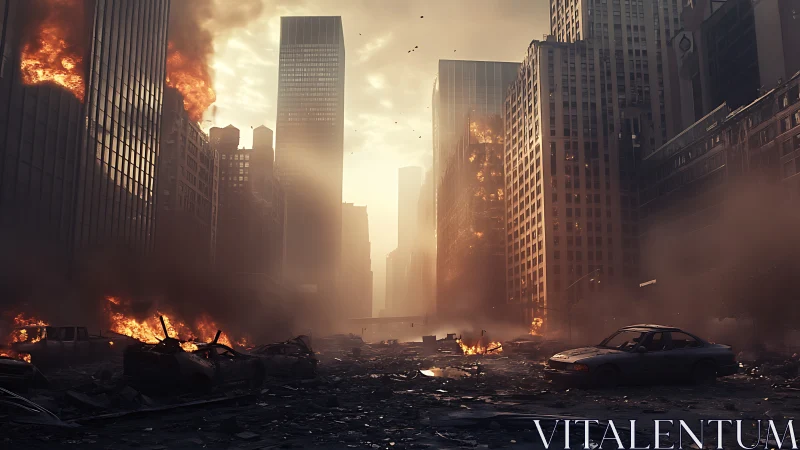 Post-impact urban fire corridor under volumetric smoke bloom.