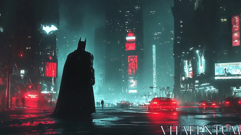 Dark-cloaked vigilante in neon-soaked, rain-drenched cityscape.