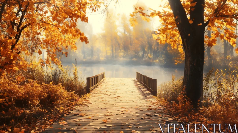 Golden autumn bridge inviting a gentle lakeside wander.