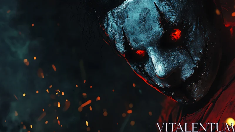 Sinister metal mask with glowing red eyes and sparks.