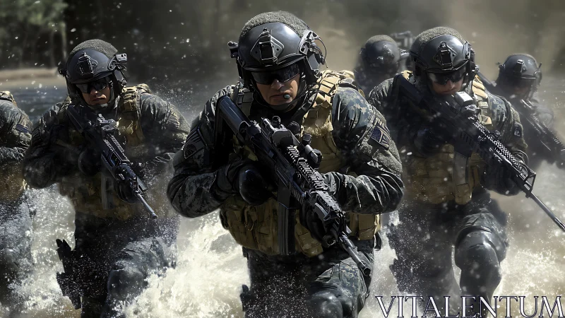 Special operations assault team advances through shallow water under fire