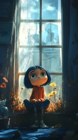 Thoughtful blue haired child by sunlit window seat.