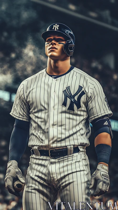 Baseball player in striped uniform stands ready at stadium