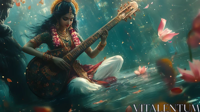Divine musician with veena in luminous lotus-filled waters