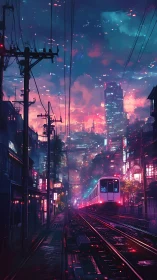 Neon rail corridor under volumetric dusk sky in dense megacity