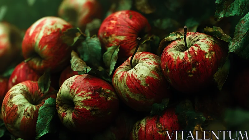 Bruised rebel apples hold court in a moody emerald orchard