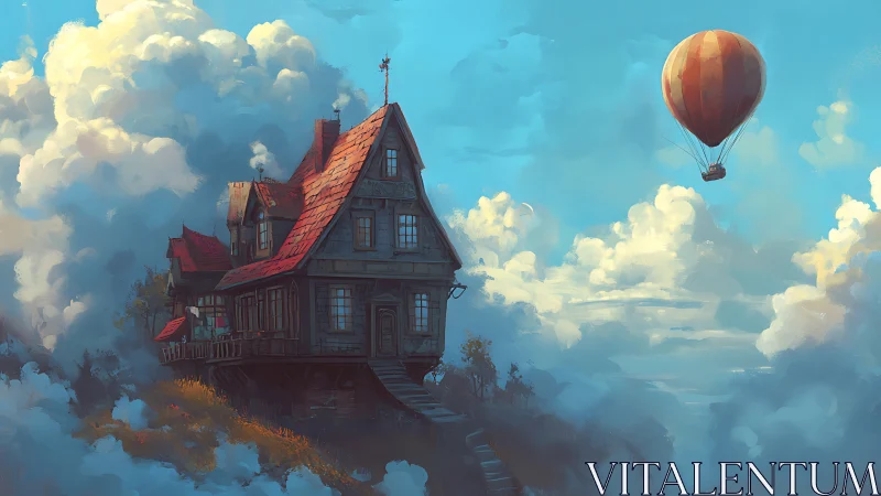 Clifftop sky cottage greets a lone wandering hot air balloon.