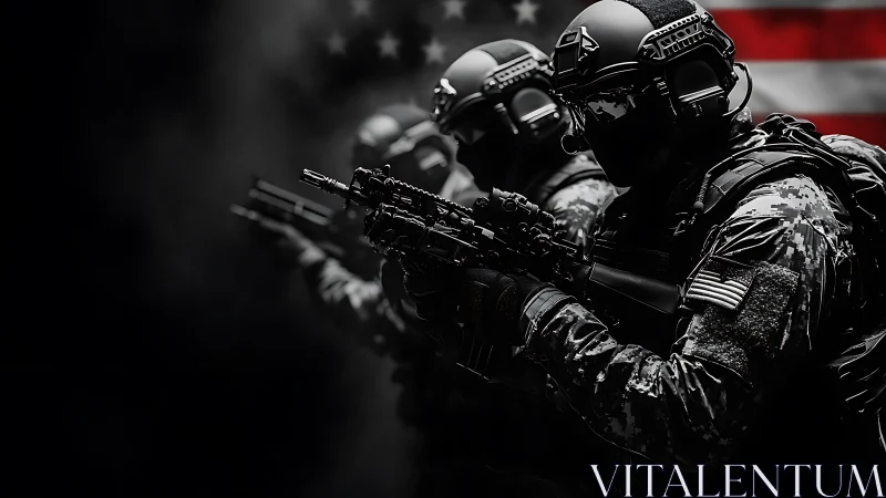 Tactical assault team in low‑key lighting before US flag backdrop.