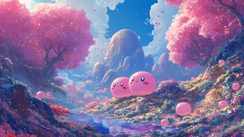 Pink orb creatures wander through a dreamy cherry valley