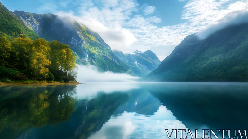 Low-lying fog drifts through a reflective glacial fjord valley