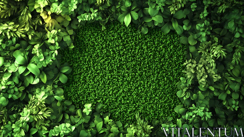 Dense tropical foliage encircles textured green ground void