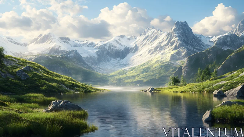 Sunlit alpine lake reflects snowcapped mountains in crisp detail