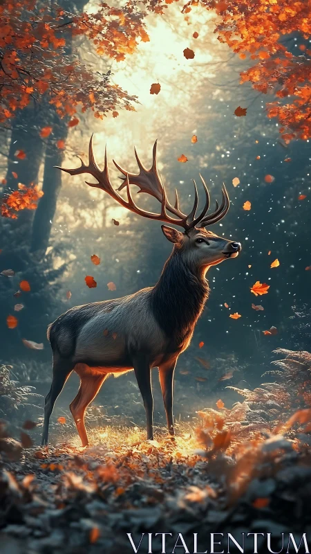 Majestic stag under autumn canopy in backlit forest glow
