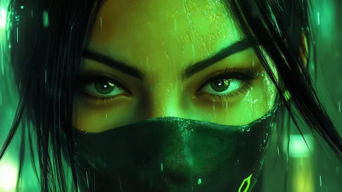Neon masked warrior eyes under emerald rainlight focus.