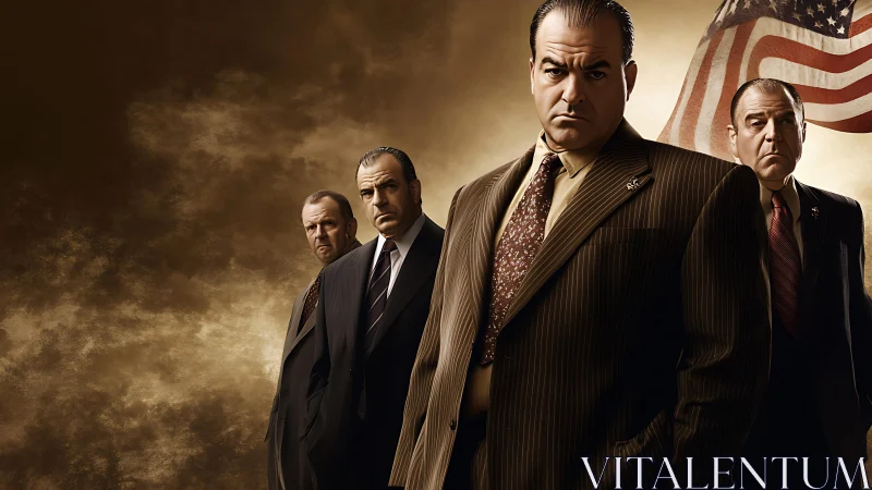 Solemn suited men stand under stormy sky and flag.