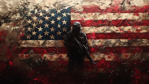 Lone soldier silhouetted against a textured US flag backdrop.