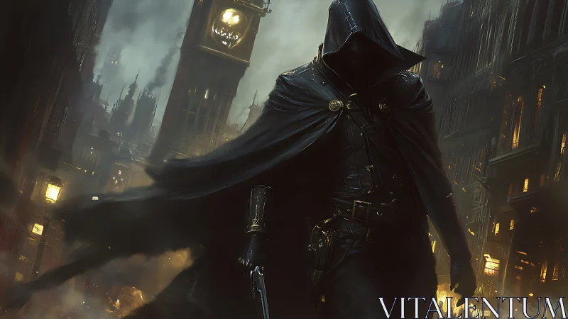 Hooded vigilante walking through smoky city streets.