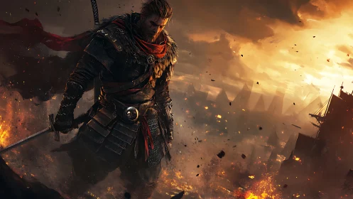 Ember-lit warrior amid burning city ruins at dusk.