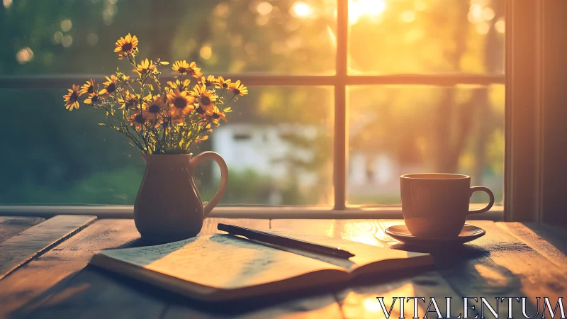 Sunlit notebook, daisies, and coffee cup frame quiet dawn