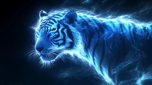Neon blue tiger silhouette rendered in glowing light lines.
