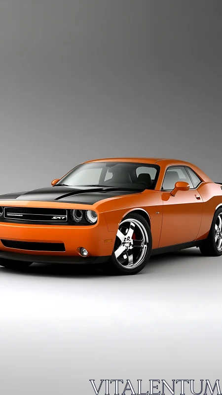 Orange muscle car stands poised under clean studio lights