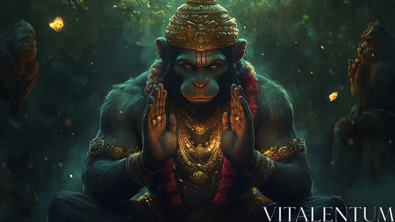 Divine simian warrior meditates in a glowing forest shrine
