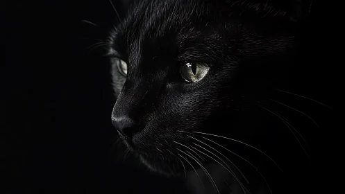Black cat head in profile against dark background with illuminated eyes