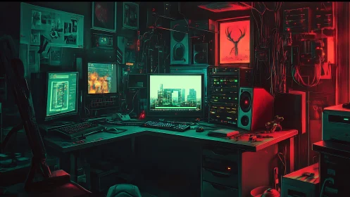 Cyberpunk hacker workstation glows under teal red light
