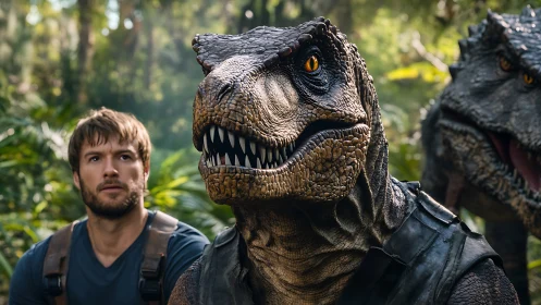 Human handler with armored raptor squad in rainforest standoff.