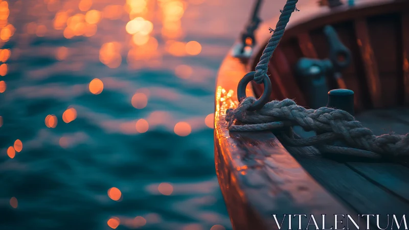 Sunset sparks on teal water beside a quiet wooden boat.