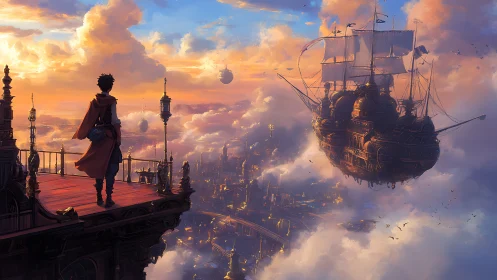 Steampunk aerostat galleon over stratified cloud metropolis.