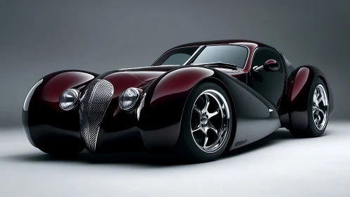 Streamlined retro-futuristic coupe with dark glossy bodywork.