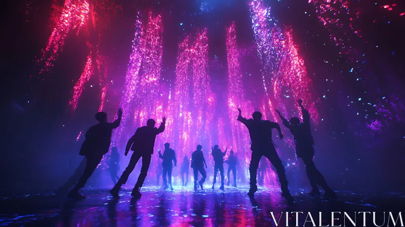 Silhouetted crowd under vertical pink and blue light columns.