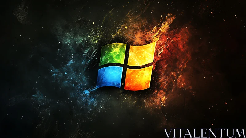 Glowing quad-color window emblem in cosmic particle field.