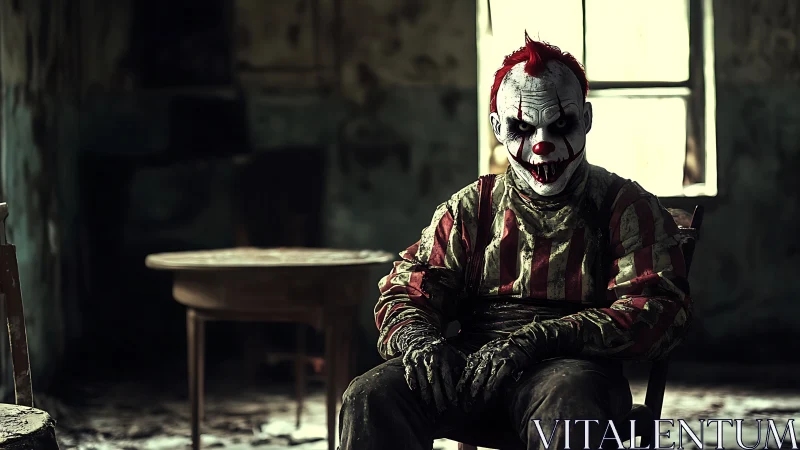 Sinister clown portrait in abandoned interior with dramatic light
