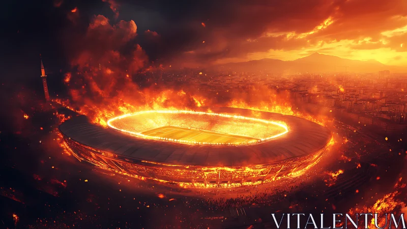 Blazing stadium glows like a fiery heart above the city.