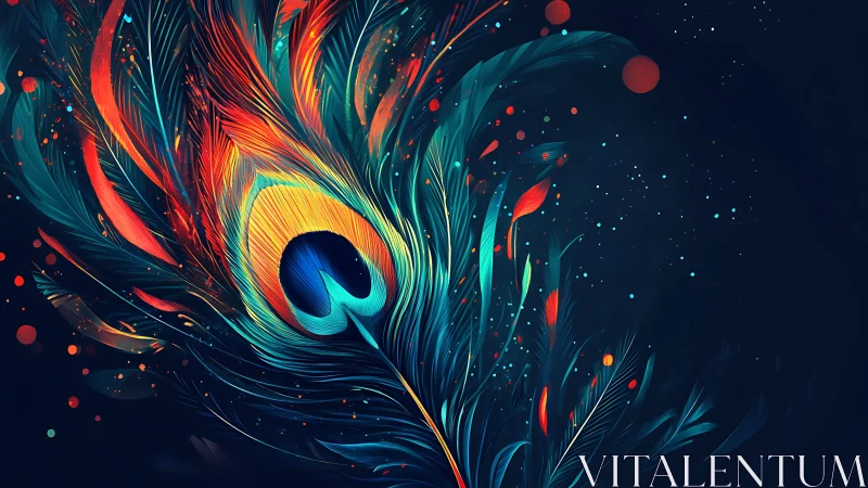 Peacock feather unfurls in glowing neon hues on midnight blue.