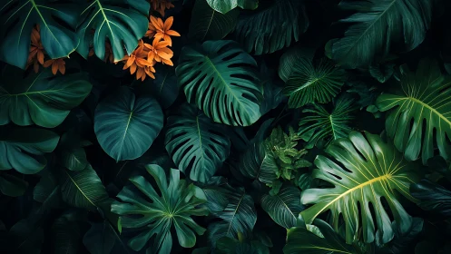 Emerald jungle leaves with secret embers of orange bloom glow.