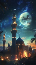 Luminous domed mosque under oversized moon with cinematic rim lighting