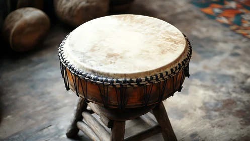 Handcrafted tribal drum rests on rustic wooden stool.