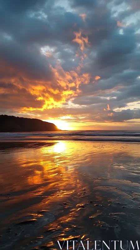 Burnished sunset clouds mirrored on reflective tidal shore.