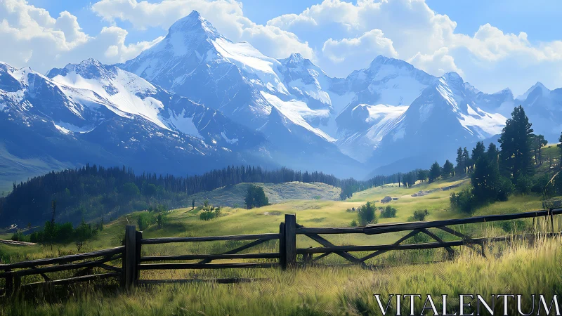 Snow-crowned giants lean over sunlit valley and quiet fence