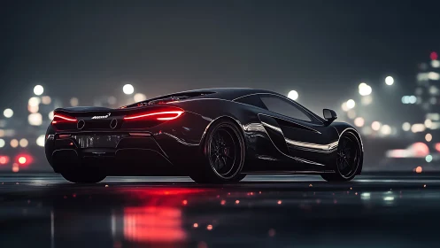 Black supercar slices through neon-lit wet night streets.